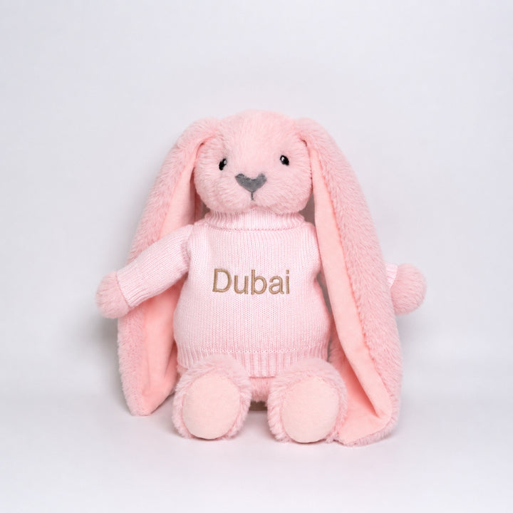 Premium plush bunny soft toy wearing customised Dubai jumper gift.