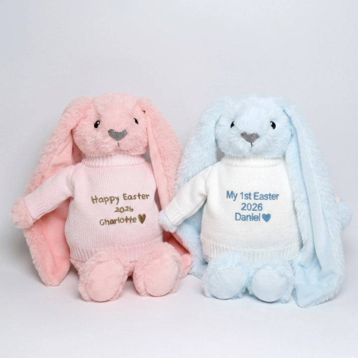 Personalised Easter bunny soft toy with embroidered name on jumper
