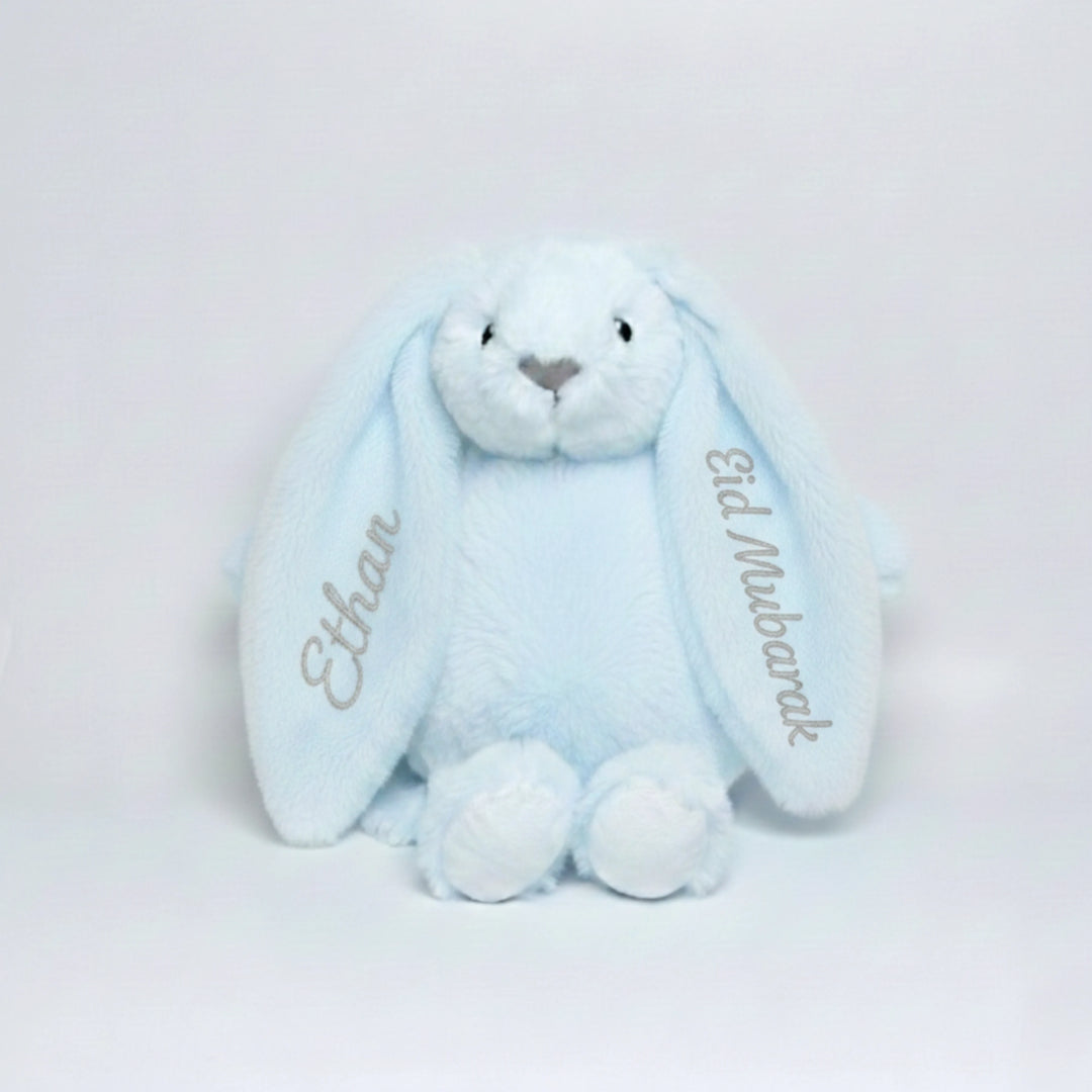 Soft cuddly bunny plushie for Eid celebrations with custom embroidery.