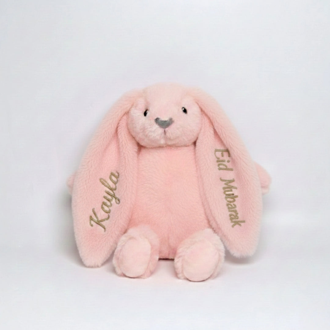 Baby-friendly soft toy bunny with customised Eid message for gifting.