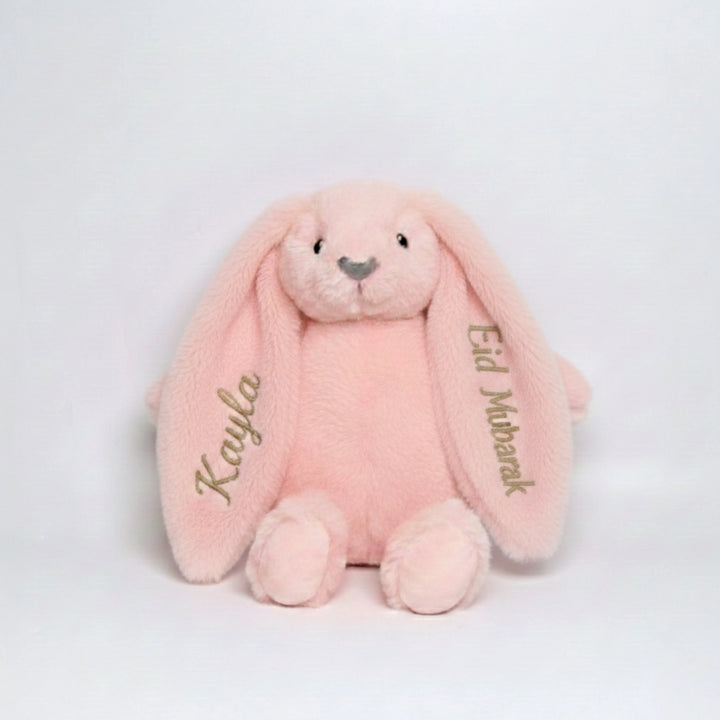 Baby-friendly soft toy bunny with customised Eid message for gifting.