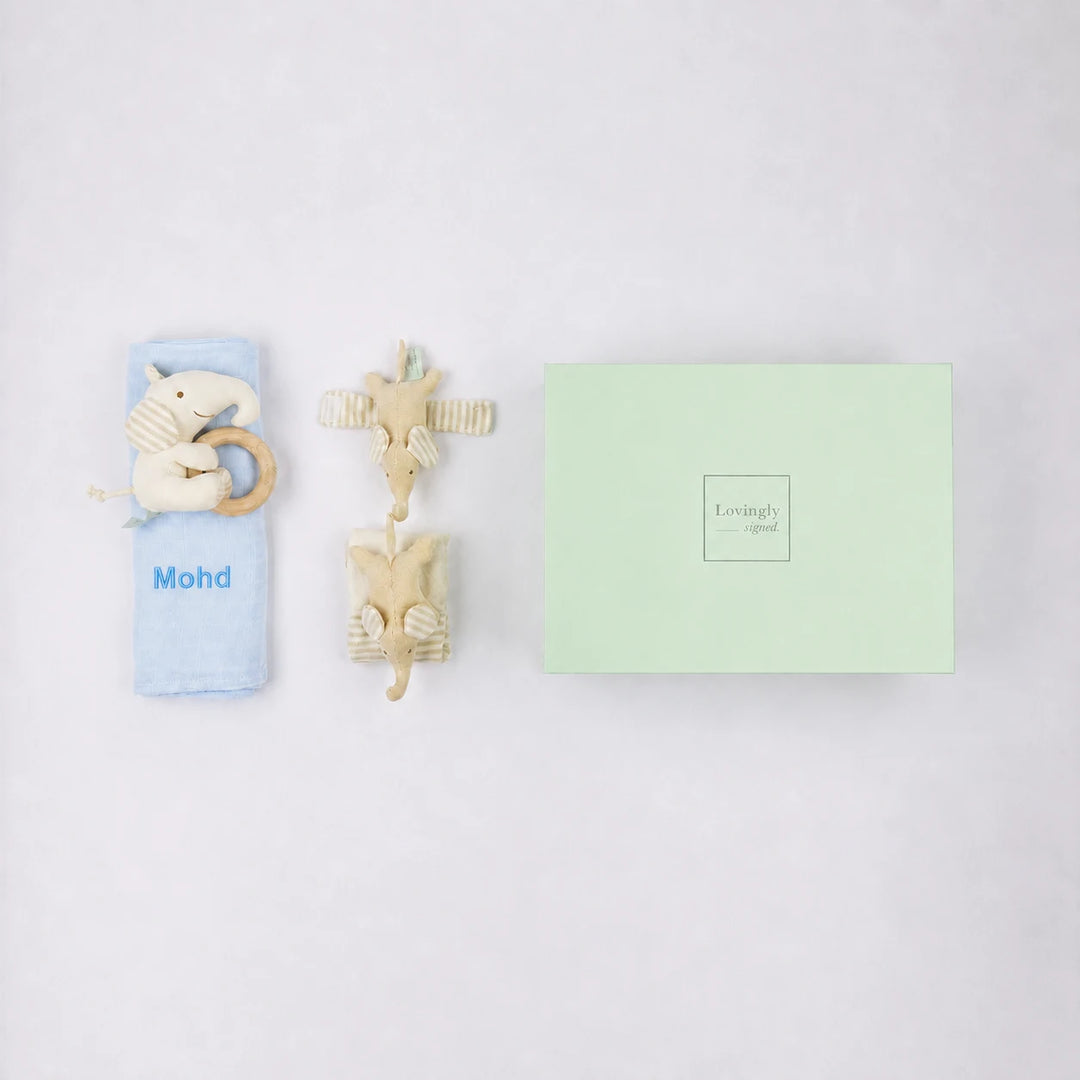 A baby gift set featuring a light blue baby swaddle with a wooden elephant toy and the name 'Mohd' printed in blue, a beige wooden elephant rattle toy, and a light green gift box.