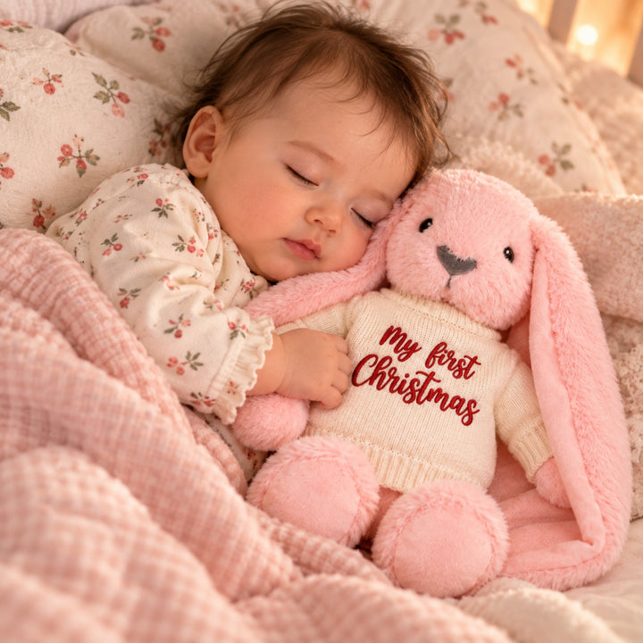 Sleeping baby cuddling a pink bunny soft toy wearing a cream “My First Christmas” jumper, styled in a cosy neutral and blush nursery setting.