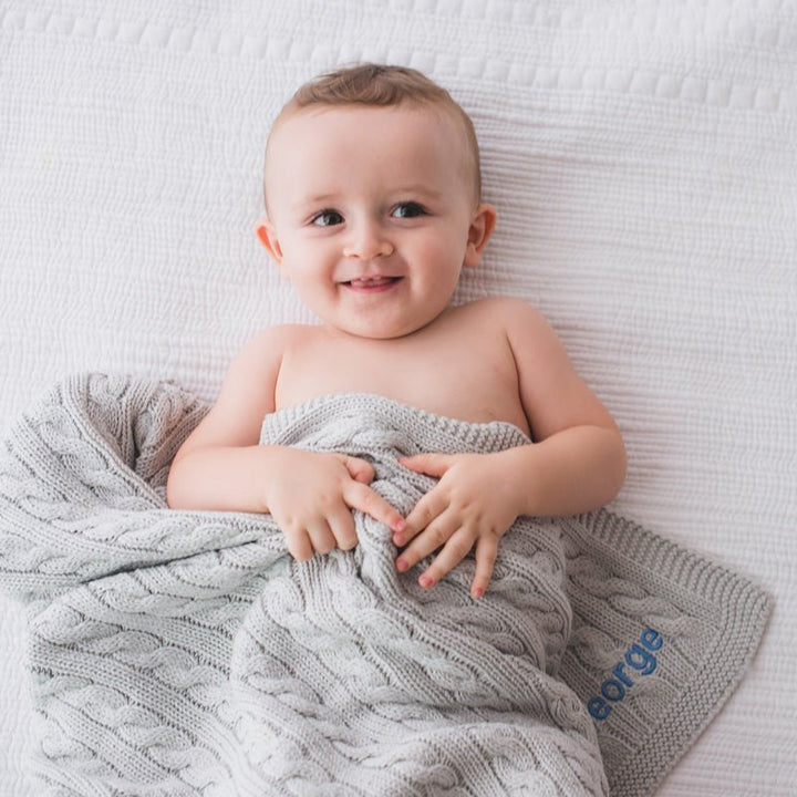 Happy Baby with Personalised Luxury Baby Cable Knit Blanket - Grey 