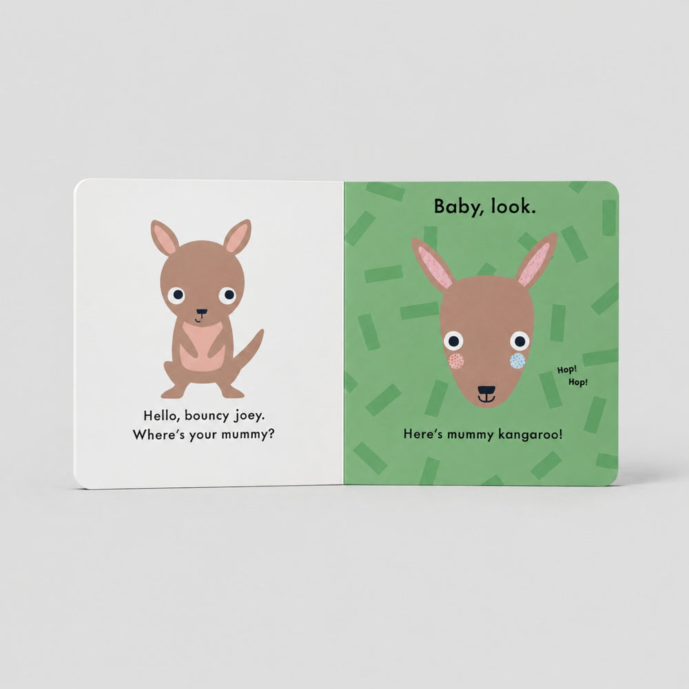 Baby Touch Hello, Mummy! board book open to a colourful kangaroo page with simple illustrations and baby-friendly text.