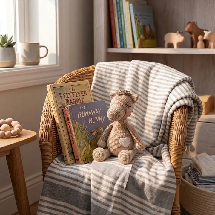 Crochet Horse Baby Rattle Toy Styled in a Cozy Nursery Setting