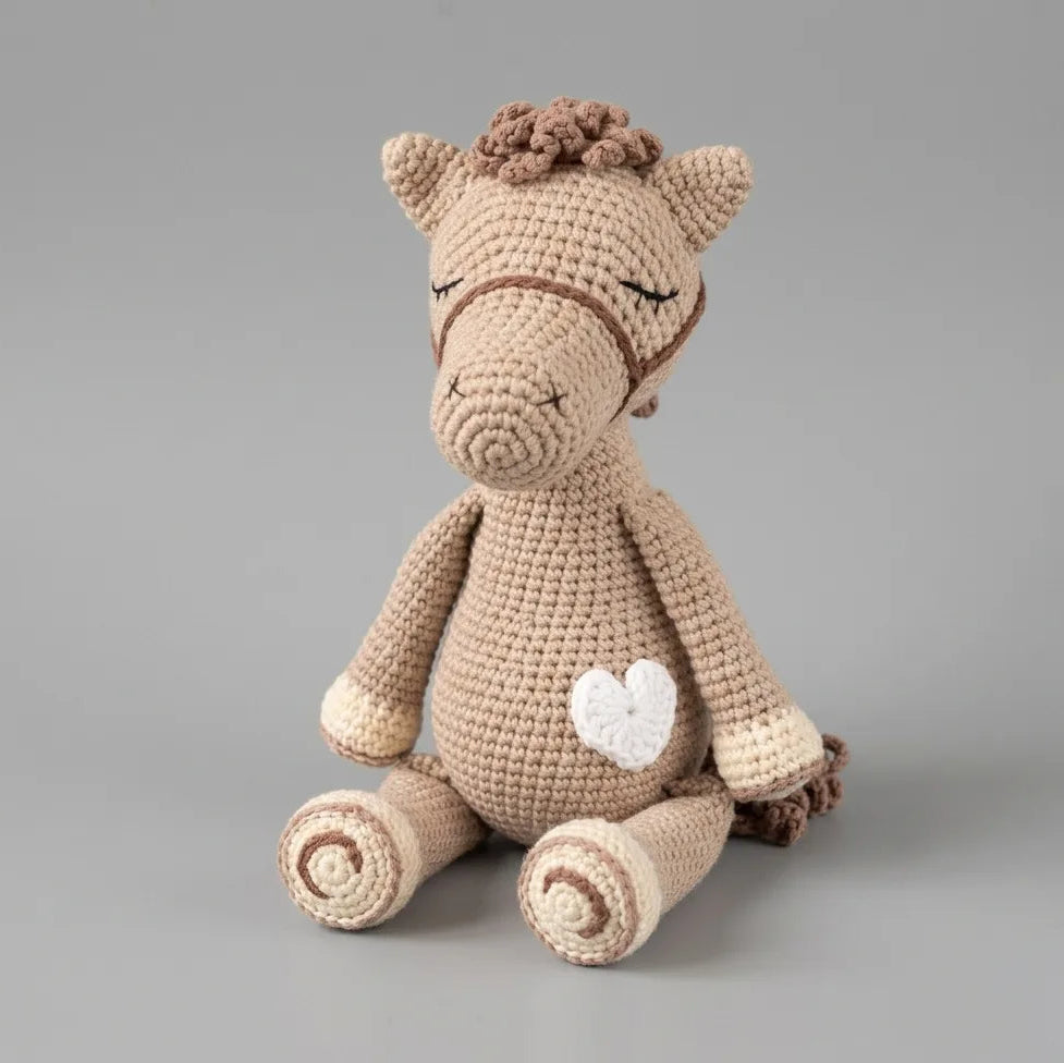 Hand-Crocheted Horse Baby Rattle Toy in Beige with White Heart Detail