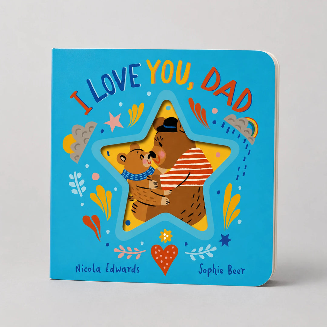 I Love You, Dad Children’s Board Book Front Cover with Bear Parent and Child