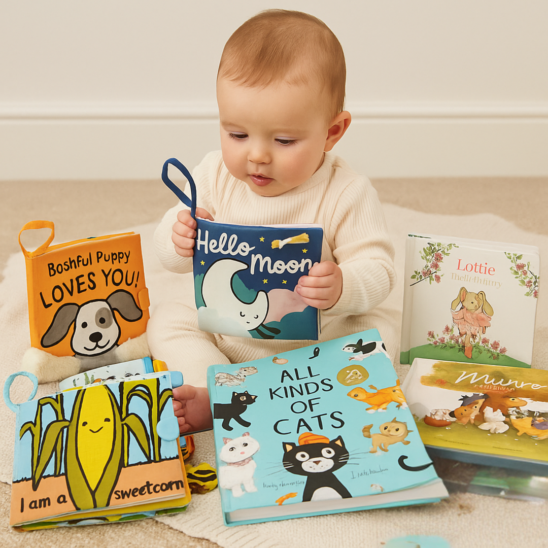 Baby playing with books from Jellycat