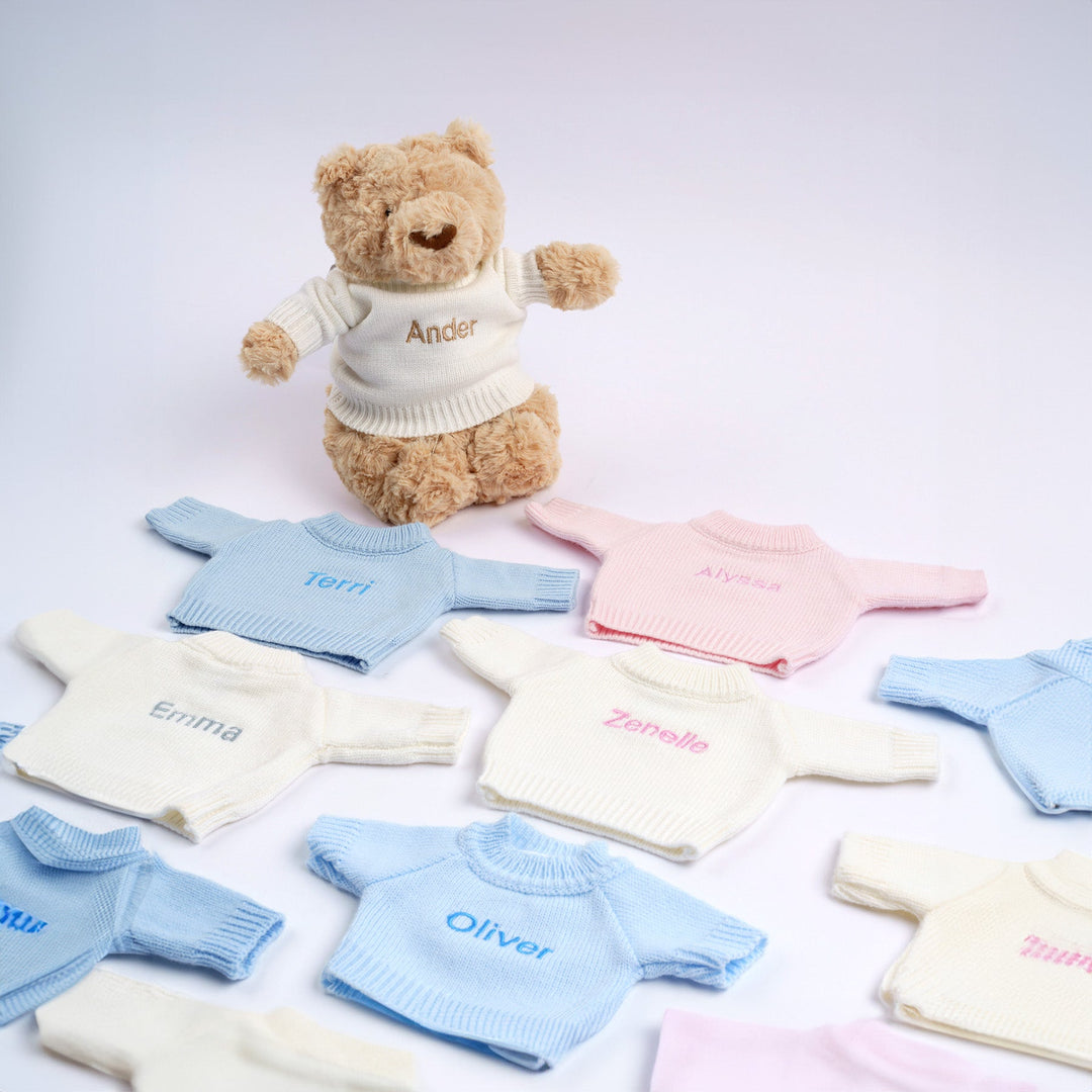 Luxury Knitted Jumper in Pink, Blue, and Cream for Medium Size Bashful Bunny, teddy bear, and other similar sized soft toys