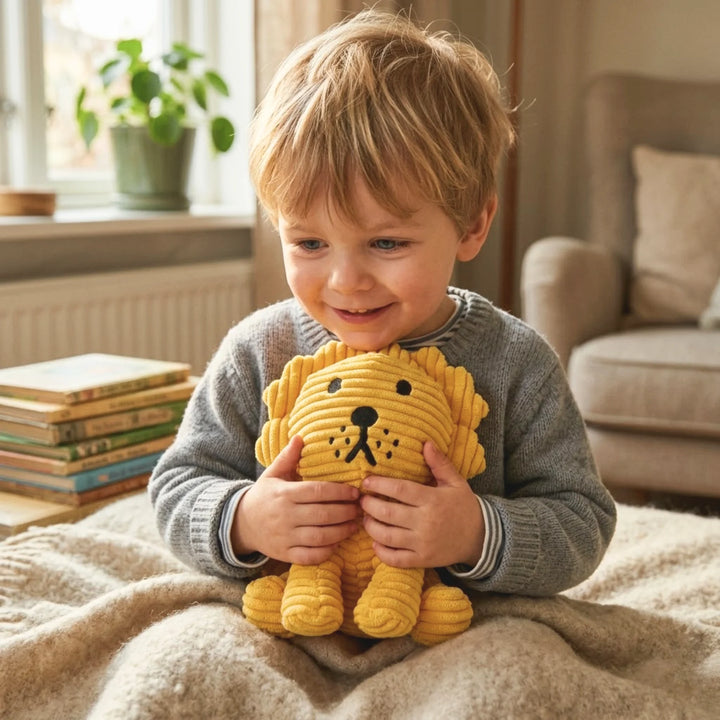 Toddler Cuddling Miffy Yellow Corduroy Lion Soft Toy