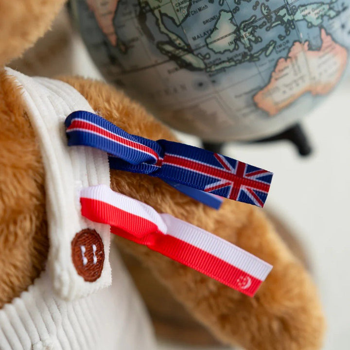 Close up of Flagit on My Passport Pal Teddy Bear