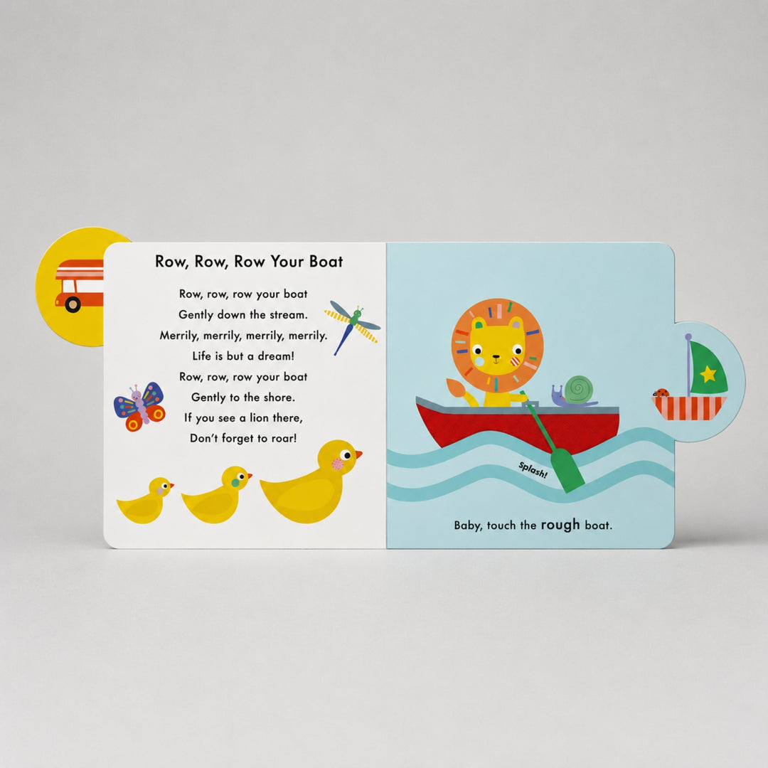 Baby Touch Nursery Rhymes book open to “Row, Row, Row Your Boat”, with colourful illustrations, touch-and-feel elements and interactive tabs.