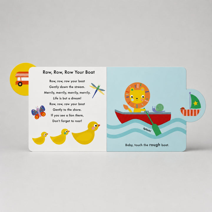 Baby Touch Nursery Rhymes book open to “Row, Row, Row Your Boat”, with colourful illustrations, touch-and-feel elements and interactive tabs.