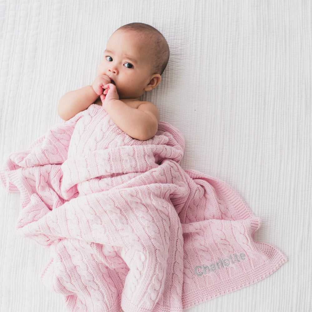 Personalised Luxury Baby Cable Knit Blanket - Pale Pink 