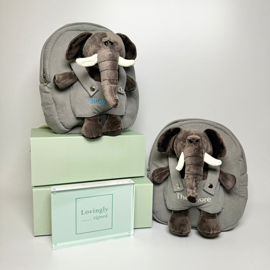 personalised children backpack with elephant soft toy