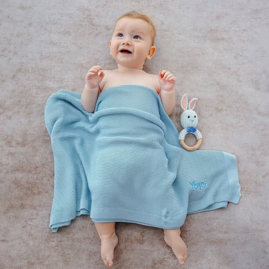 Short Video of Baby covering with Blue Bamboo Cellular Blanket