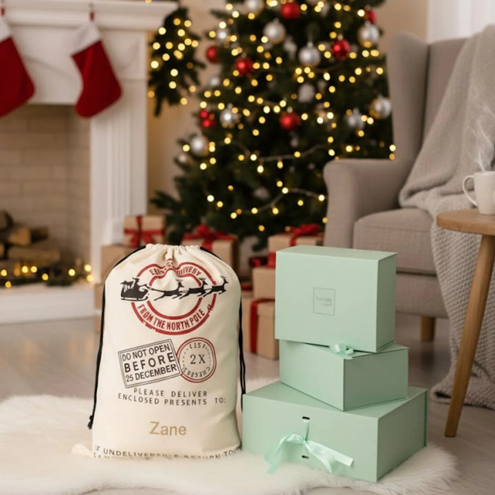 Christmas scene with a gift bag and boxes in a living room decorated for the holidays.