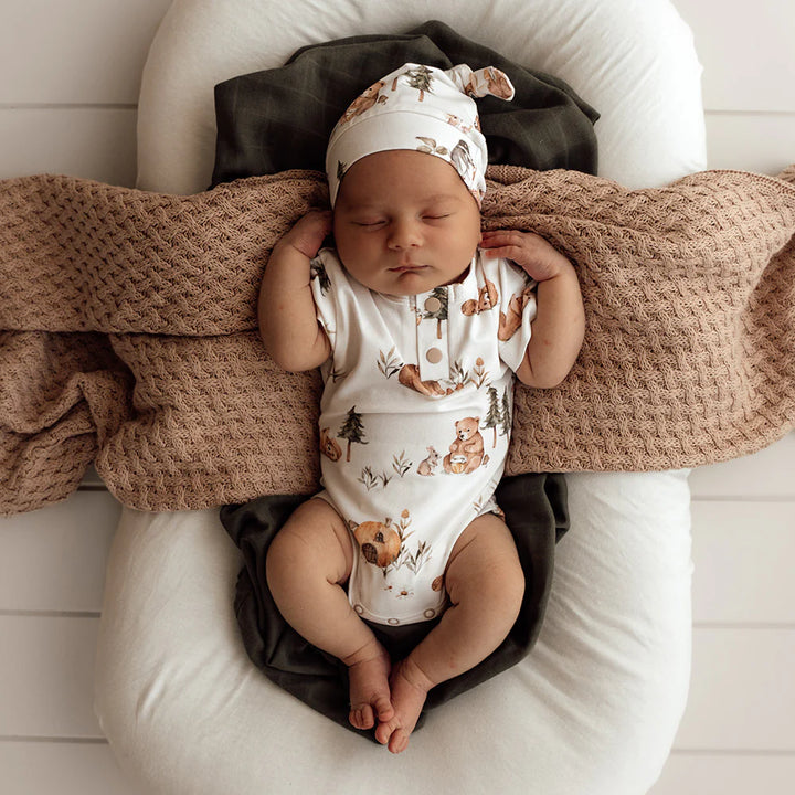 Baby wearing Snuggle Hunny Bears Short Sleeve Organic Bodysuit