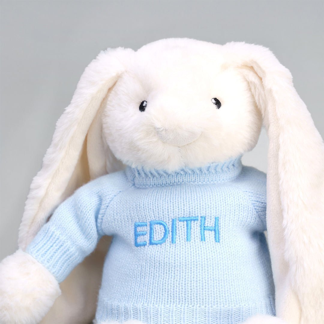 Close up of Twinkle Bunny Soft Toy in Blue Personalised Shirt