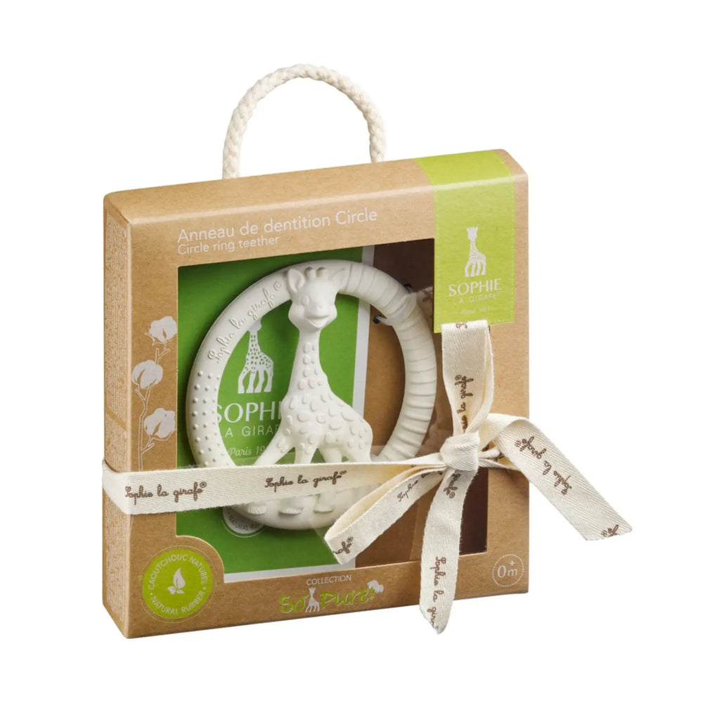 Sophie la Girafe Circle Teether in a decorative box with a ribbon