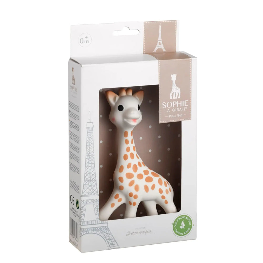 Sophie la Girafe toy in its packaging with Eiffel Tower design