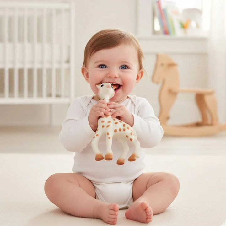Baby sitting on a white floor holding a sophie lagiraffe teether in a bright room.