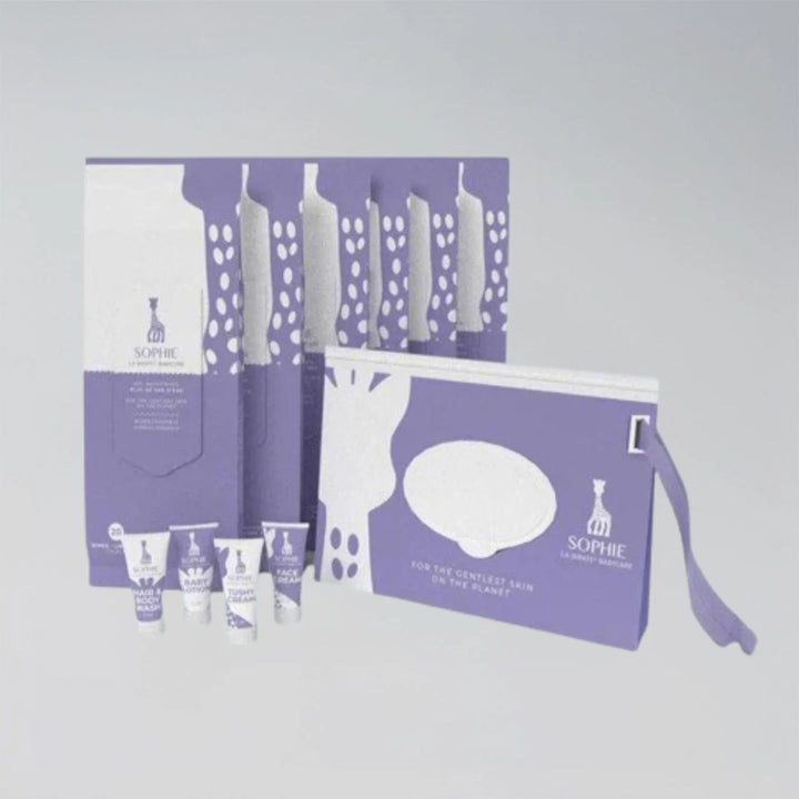 Sophie la girafe Babycare skincare product set with packaging on a light gray background
