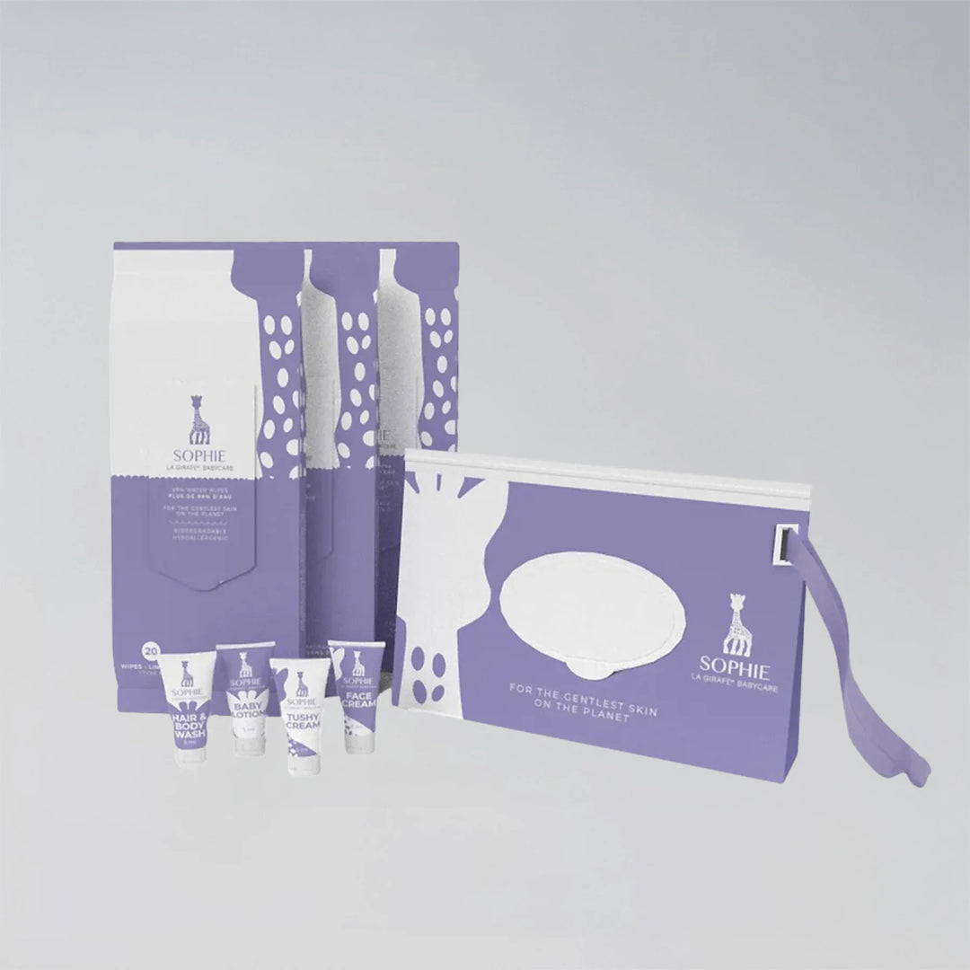 Sophie skincare product set with purple packaging on a light gray background