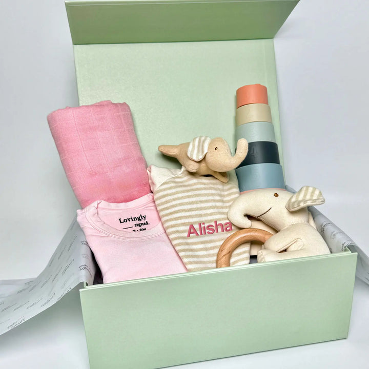 Pink Baby gift set with toys, swaddle and clothing in luxurious gift box