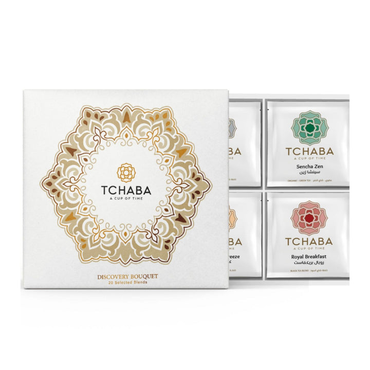 Tchaba tea packaging with decorative box and tea bags on a white background