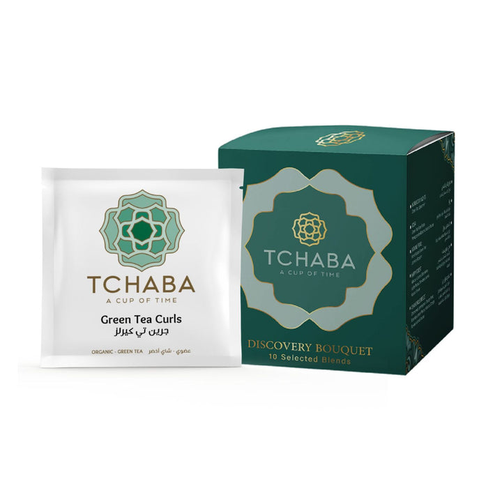 Tchaba Green Tea Curls packaging on a white background