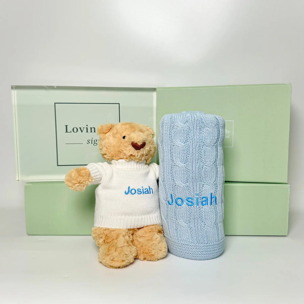 Teddy bear and cable knit blanket with 'Josiah' personalized