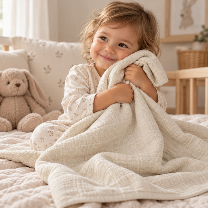 Smiling toddler sitting on a bed in a neutral nursery, cuddling a soft beige muslin blanket with a plush bunny beside her.