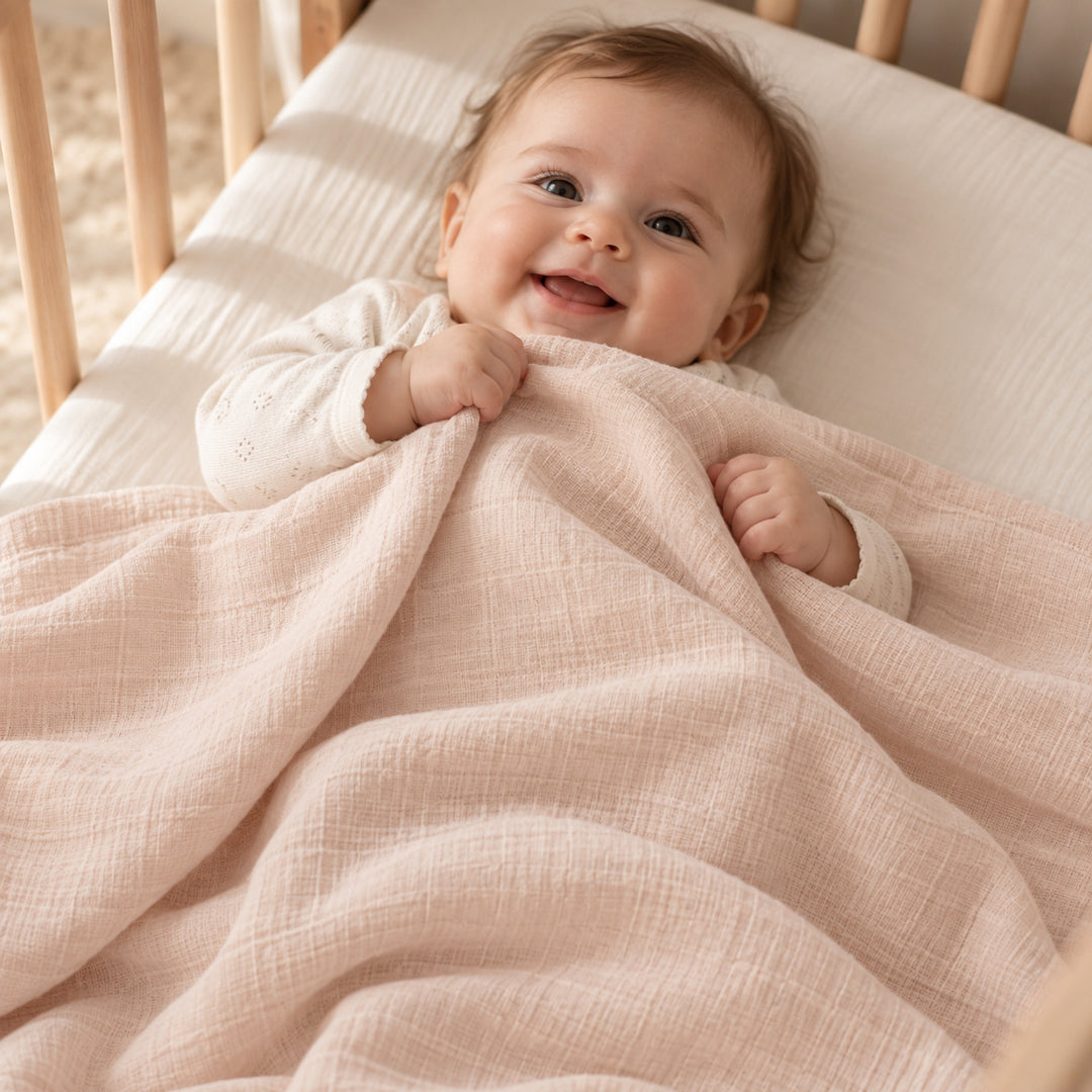 Smiling baby lying in a wooden cot, gently covered with a soft blush-pink muslin blanket in a warm, neutral nursery setting.