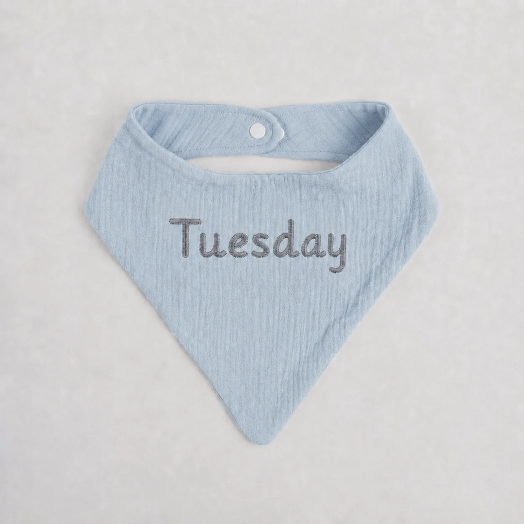 Light blue baby bib with 'Tuesday' embroidery on a light gray background