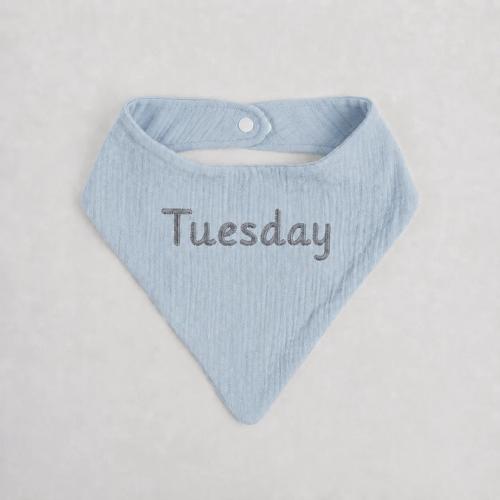 Light blue baby bib with 'Tuesday' embroidery on a light gray background