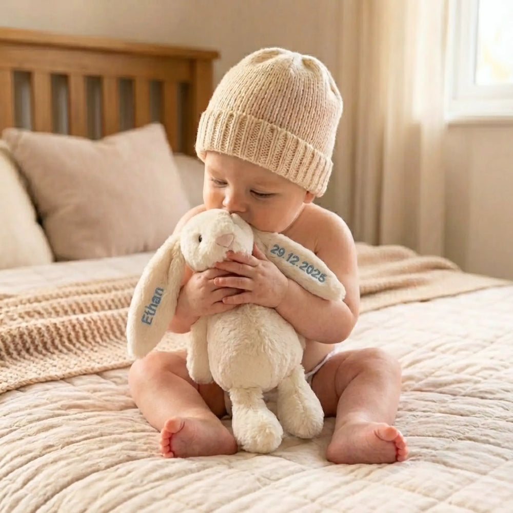 Baby hugging a personalised soft toy bunny