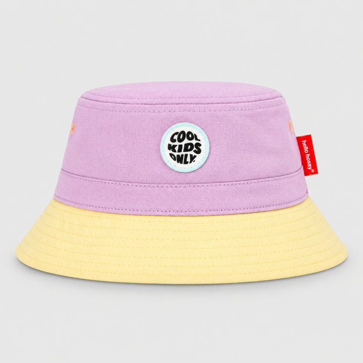 Hello Hossy lilac and cream bucket hat with “Cool Kids Only” front patch and red side tag.