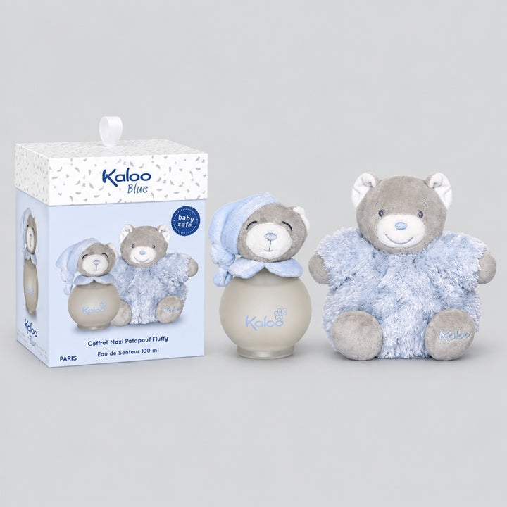 Kaloo Blue gift set with blue fragrance bottle, grey and blue teddy bear, and matching presentation box.