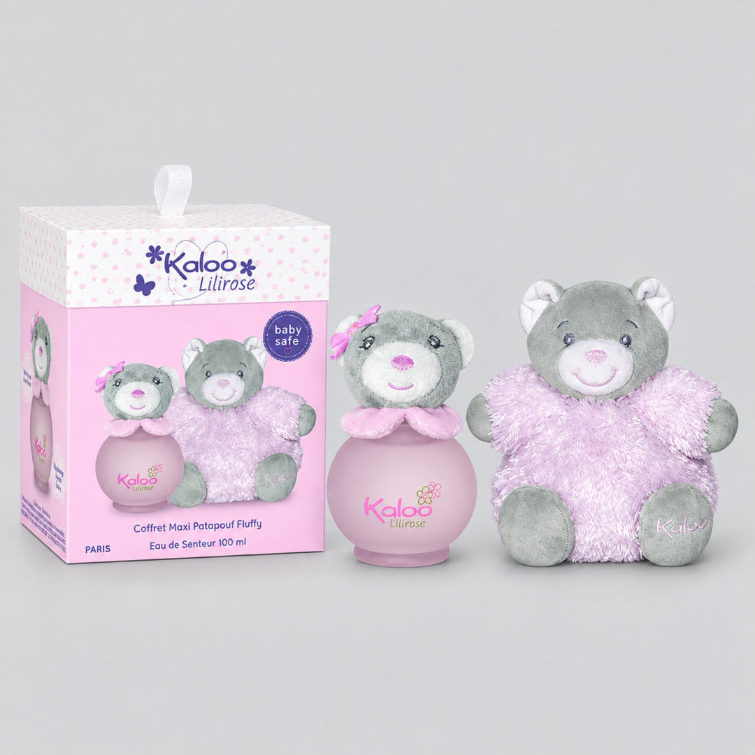 Kaloo Lilirose gift set with pink fragrance bottle, grey and pink teddy bear, and matching presentation box.