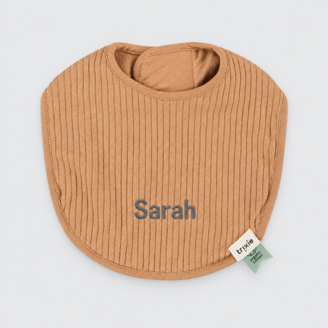 Personalised brown Trixie ribbed baby bib with Sarah embroidered, UAE