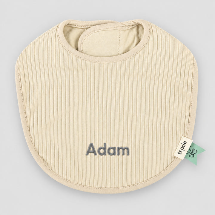 Personalised beige Trixie ribbed baby bib with Adam embroidered, baby gift UAE