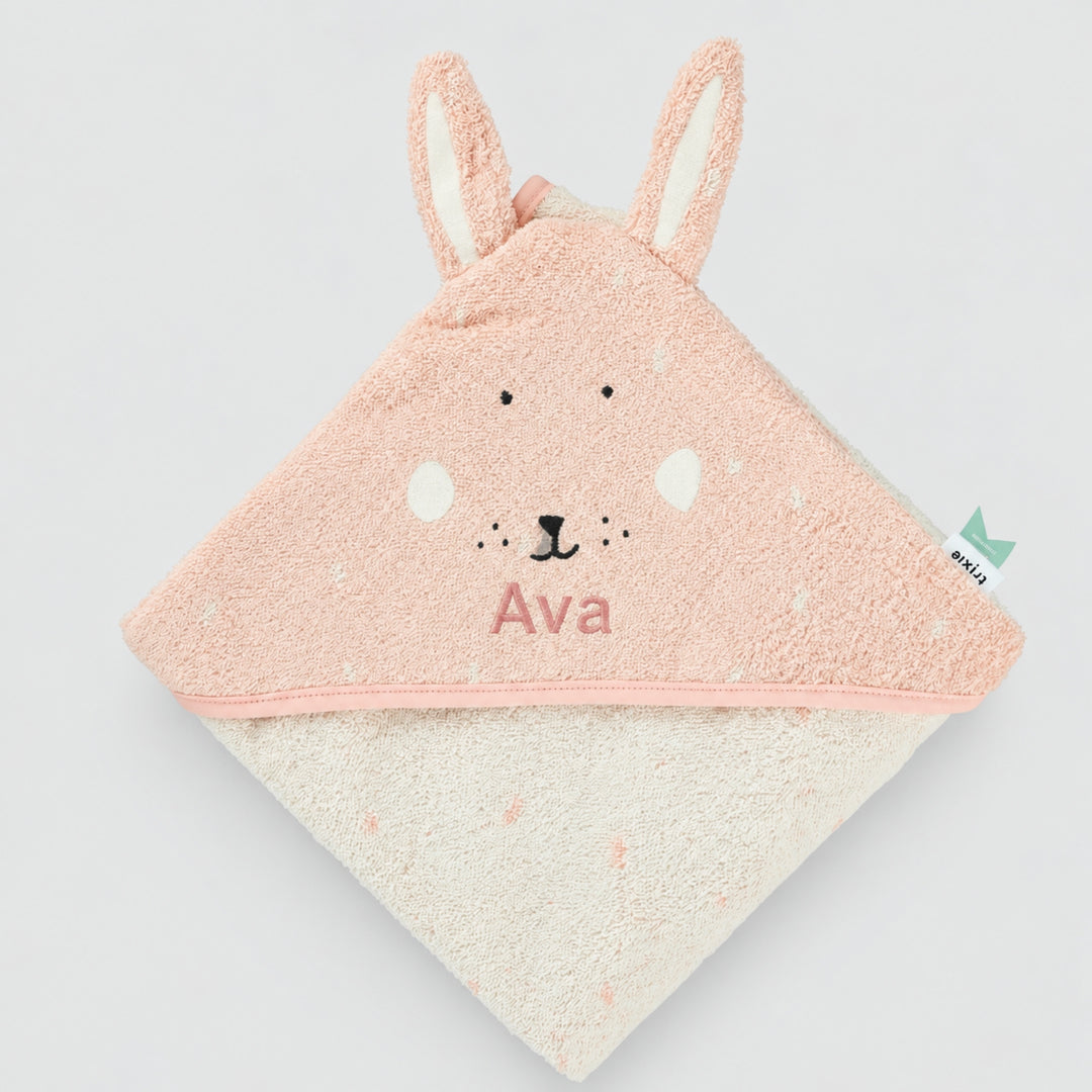 Personalised Trixie Bunny hooded towel with Ava embroidered, thoughtful baby gift UAE