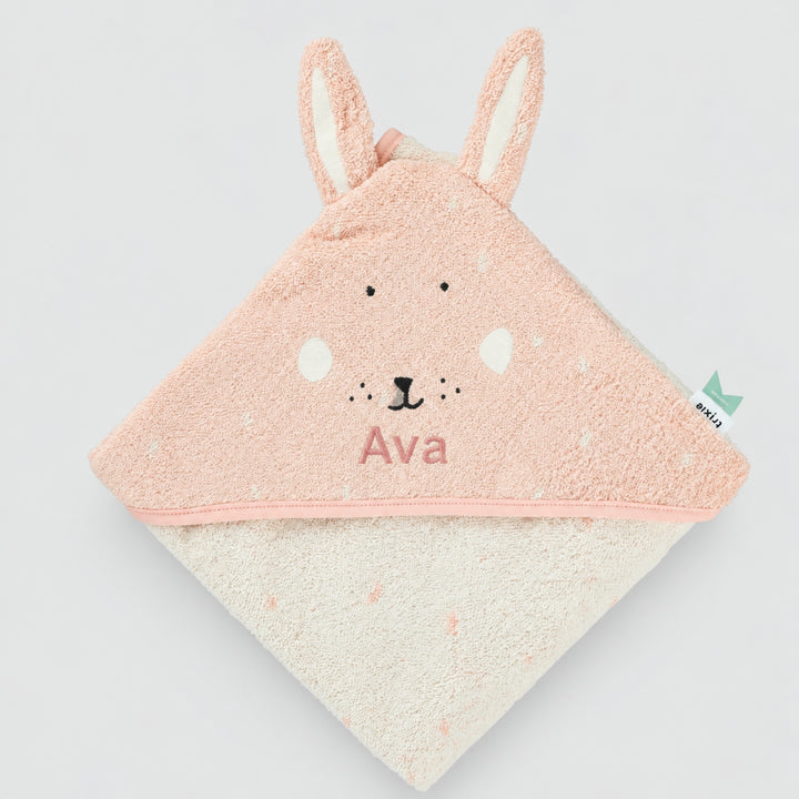 Personalised Trixie Bunny hooded towel with Ava embroidered, thoughtful baby gift UAE
