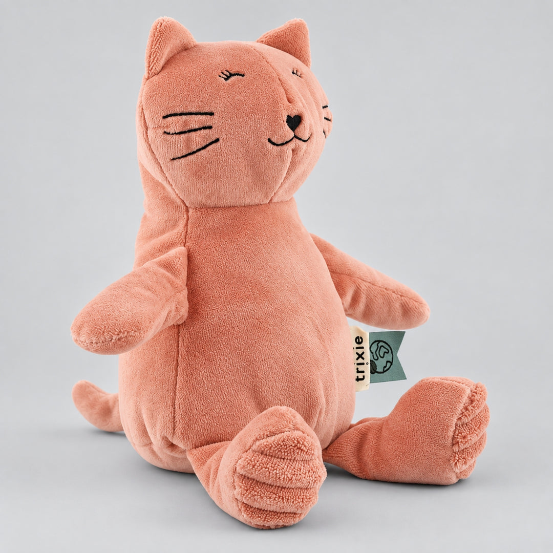 Side view of Trixie Cat plush soft toy in coral pink, cuddly toy for babies UAE