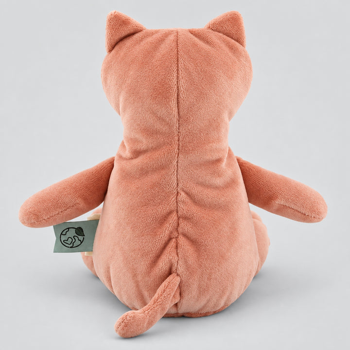 Back view of Trixie Cat soft toy in coral pink with tail, plush baby toy UAE