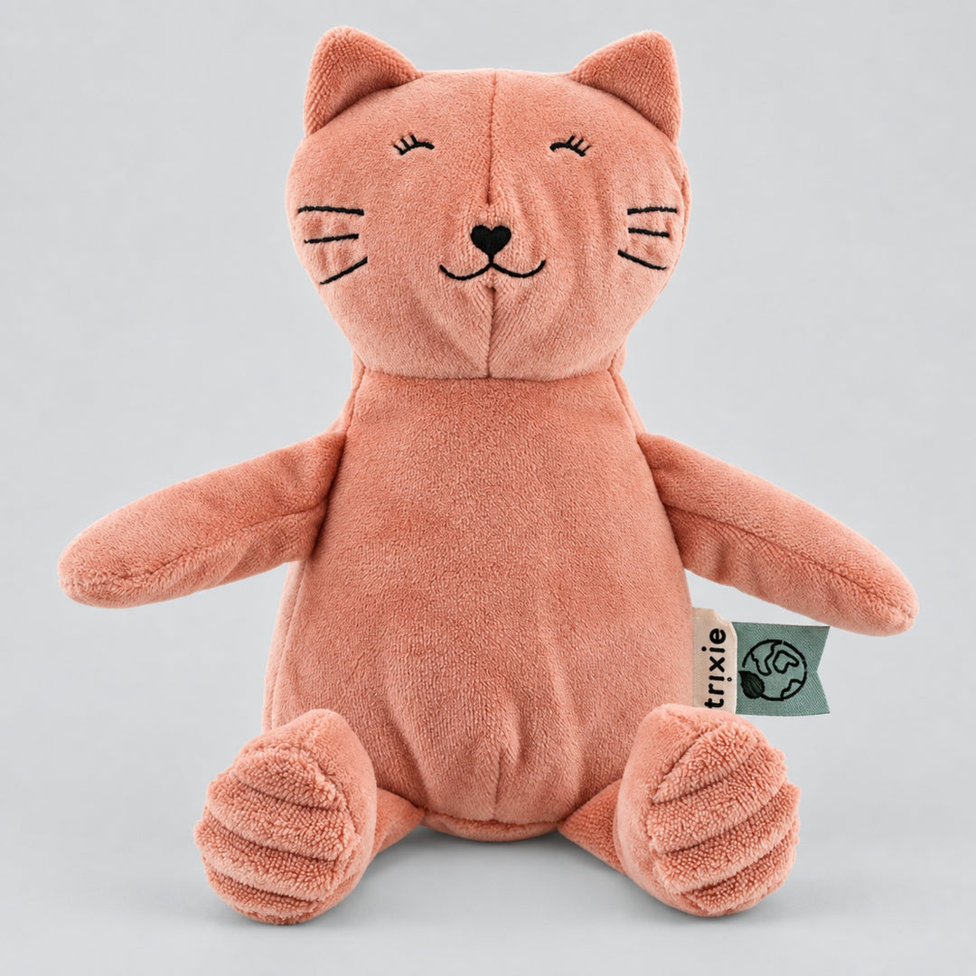 Trixie Cat soft toy in coral pink with embroidered face, baby gift UAE