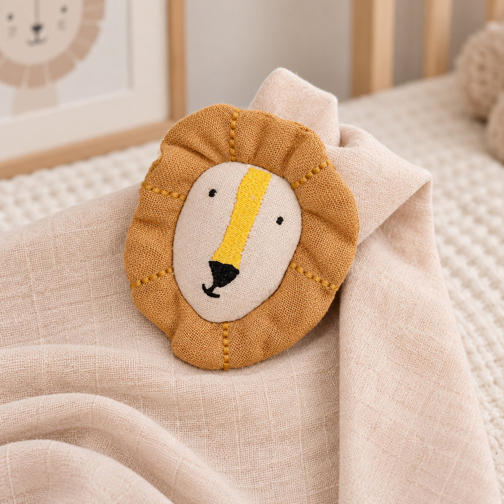 Beige Trixie Lion baby comforter close-up, soft muslin comforter for newborns UAE