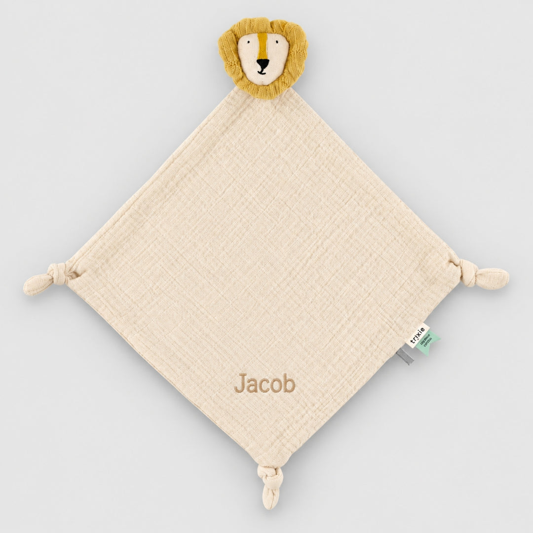 Personalised Trixie Lion baby comforter in beige with Jacob embroidered, baby gift UAE
